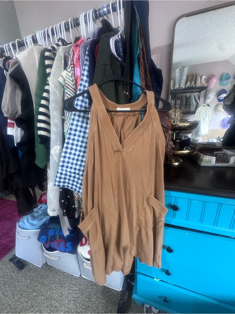 Sleeveless V-Neck Mini Dress in Tan with Front Pockets